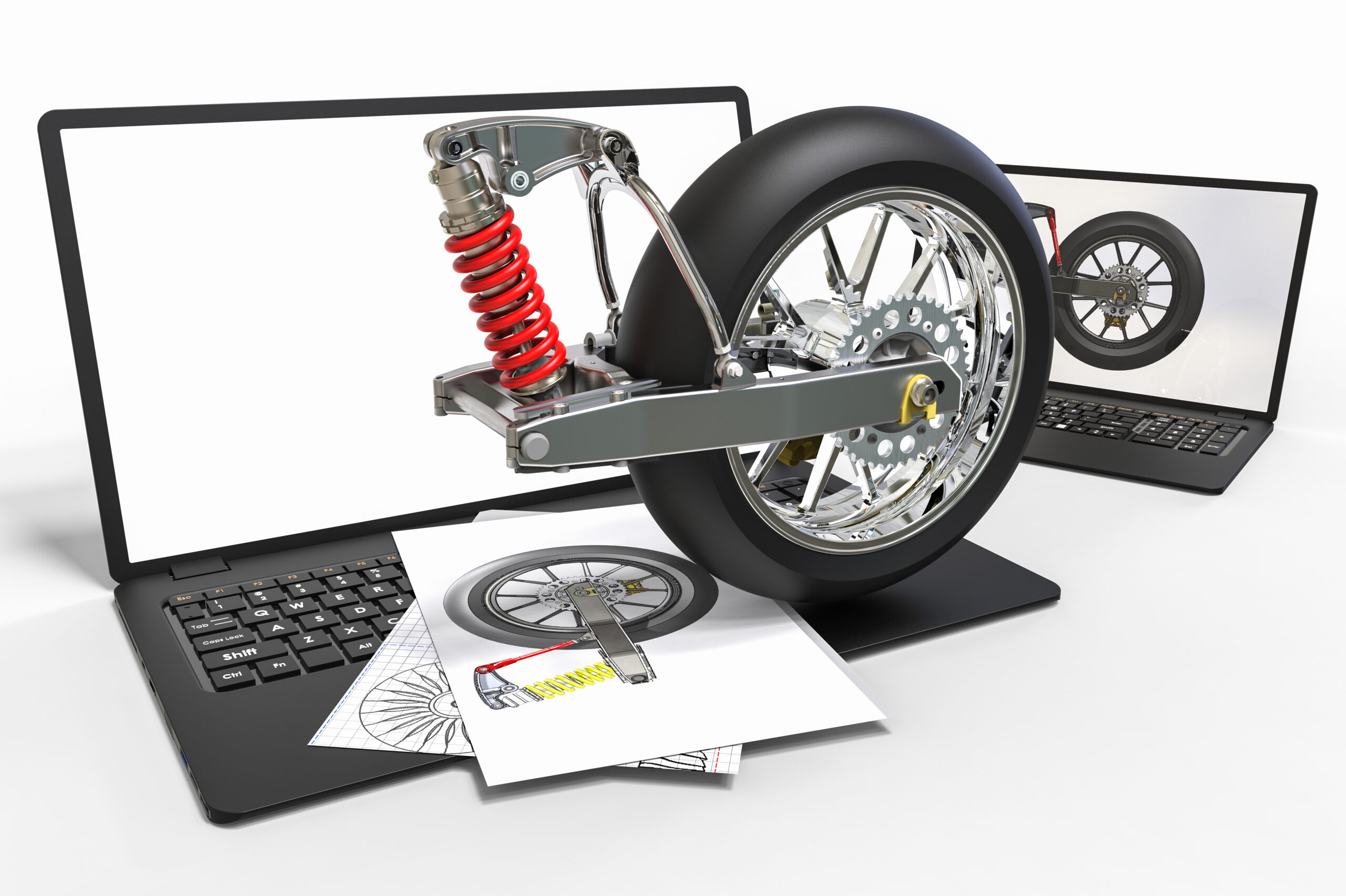 3d,Render,Image,Of,A,Motorbike,Suspension,And,Two,Laptops